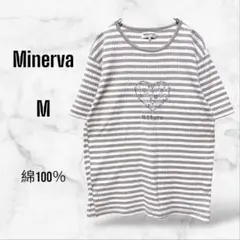【Minerva】半袖ボーダーTシャツ ハート 小花(M)綿100 刺繍 総柄