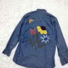 partimeCASULS デニムシャツ パッチワーク 花 蜂 蝶 S レトロ