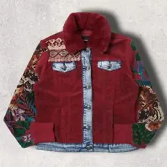 Y2K 再構築 Desigual 虎 デニム コーデュロイ ニット ジャケット