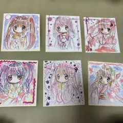 手描きイラスト。小色紙。６枚セット。女の子