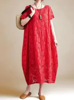 【新品】半袖コクーンワンピース　レース柄