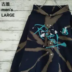 古着 ギルダン パーカー ブリーチ タイダイ 奇抜 フーディ ネイビー L