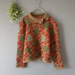 ★パリス［M］レトロヴィンテージ◎個性的ネック◎リーフ柄ショート丈ウール混ニット