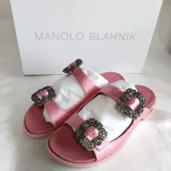 入手困難★美品★マノロブラニク　ストラス　ハンギシ　サンダル　ブラック　38.5 MANOLO BLAHNIK(マノロブラニク) / ハンギシ/ビジュー/サテン