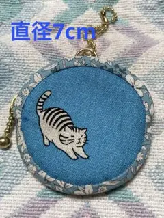 ♪ハンドメイド♪まんまるポーチ♪廃盤・キジトラ猫・ブルー♪ブルー小花♪