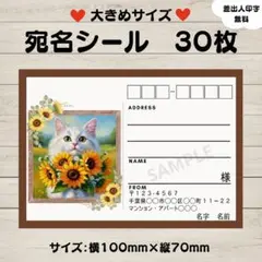 宛名シール　白猫ひまわり②　猫　ひまわり　茶色　大きめサイズ　30枚