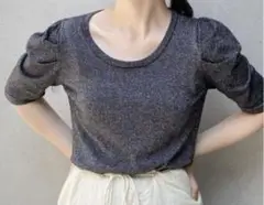 Kastane　ラメパフギャザーニットT　半袖　サマーニット