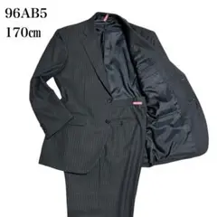 美品メンズスーツセットアップグレー系ストライプ96AB5(170㎝)M 春秋冬