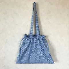 わけあり⭐︎巾着バッグ ブルー リボン×ボーダー柄&ミニポーチ