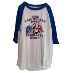 古着　アメカジ　ラグランプリントＴシャツ　カウボーイ　五分袖　ホワイト×ブルー