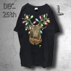 a153　【DEC.25th】　Tシャツ　黒　L　クリスマス　トナカイ　輸入古着