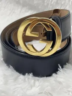 GUCCI ダブルG レザーベルト ブラック ゴールド金具　全長97㎝