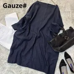 美品＊ガーゼ Gauze# 洗えるリネン100 ゆったりワンピース ネイビー