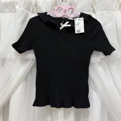 H＆M リボン リブ編み襟付き Tシャツ