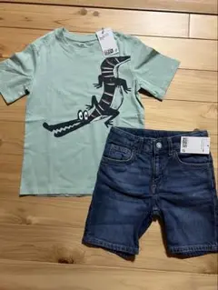 【新品】H&M ワニプリント Tシャツ & デニムショートパンツ セット 110