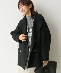 ウール ダブルブレスト ピーコート 黒 JUNRED pコート ピーコート ダブルブレストウールショートコート