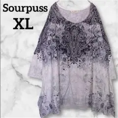 美品✨Sourpuss【XL 】ペイズリー柄五分袖チュニック 胸元ビーズ 裾フリ