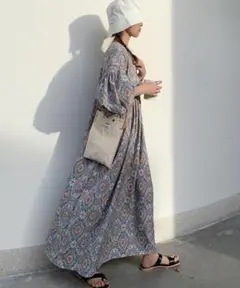 ロング丈ワンピース バルーン袖 半袖 夏服