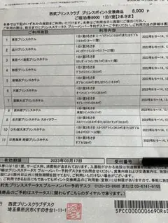 プリンスホテル ポイント交換券 宿泊券 8000P