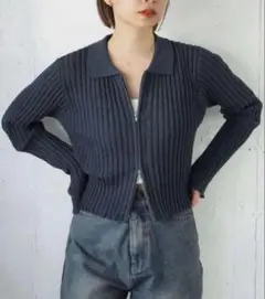 ダブルジップ襟付きリブカーディガン