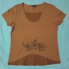 オレンジ 花柄プリント Tシャツ 半袖