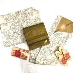 【2402】着物 小紋 正絹 袷 椿 生成 単品販売♪