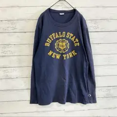 Champion ロンT ネイビー ロゴ 刺繍 USA古着 Lダメージあり