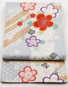 振袖用 袋帯 正絹 銀 ライトグリーン 梅花 麻の葉 Mサイズ F5780