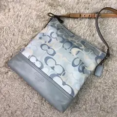 コーチ 水色 ショルダーバッグ ナイロン レザー 総柄