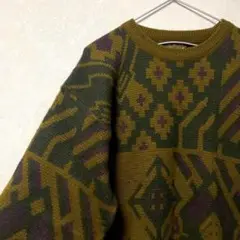 デザインニット　総柄　ヴィンテージ　レトロ　アート　幾何学　カーキ　オリーブ