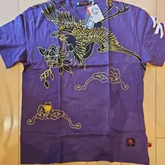 紫色 鶴と花刺繍 Tシャツ　さんまるいち サンマルイチ 参丸一
