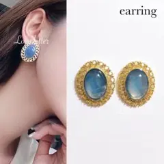 No.609 アンティークブルーストーンイヤリング 韓国 上品 高見え