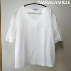 【新品未使用】NARACAMICIE 半袖ブラウス 袖刺繍 Vネック 白 M