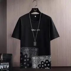 新品　メンズ ペイズリー柄 Tシャツ 半袖 綿100% ブラック