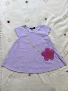 ミキハウス ムージョンジョン 花のアップリケ付き薄紫色Tシャツ 100サイズ