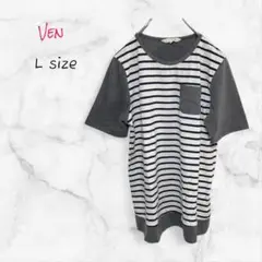 Ven Tシャツ ボーダー 半袖 ホワイト×グレー Lサイズ 送料無料