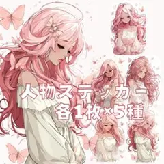 S93 人物ステッカー オリジナル 女性 ピンク髪と蝶々 可愛い 各1枚5種
