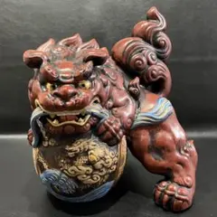 九谷焼　狛犬　置物　玉乗り シーサー　八栄窯　須栄義作 九谷焼 在銘 八幡窯 須栄義 緑釉 金彩 玉乗り獅子 狛犬 シーサー