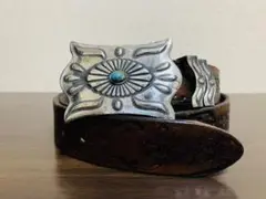 レザーベルト　ウエスタン　ターコイズバックル　ナバホ　インディアンジュエリー