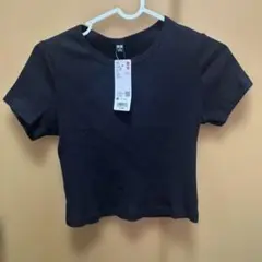 UNIQLO ブラック 半袖Tシャツ M リブクロップドTシャツ