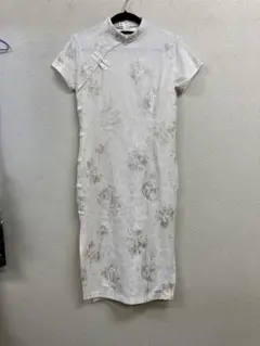 ゴールドフラワー刺繍ストレッチチャイナワンピースドレス