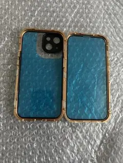 iPhone14 用ガラスケース クリア 両面 ゴールドiphoneケース