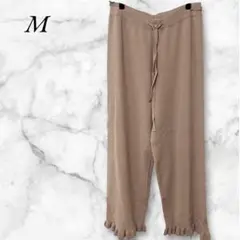 フリルニットパンツ　ワイド　ゆったりサイズ　ドロスト　M　くすみピンク