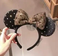 海外 ディズニーカチューシャ スパンコール 新作 水玉 黒 ミニー