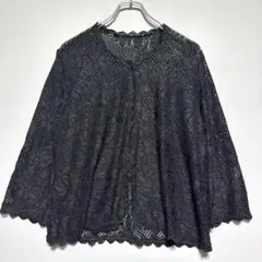 タグ無し　美品！　黒 レース カーディガン 半袖　透け感あり　花柄　フラワー　夏