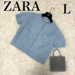 三上悠亜着用ZARAサマーニット 半袖 カーディガン L 刺繍 パステルブルー