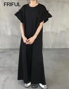 フリル袖　ハートプリント　ロングワンピース　半袖　XL ブラック　新品