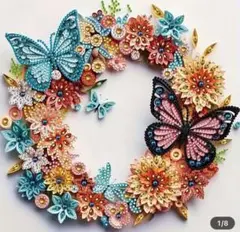 ①ダイヤモンドアート キラキラがかわいい 玄関におすすめ 花と蝶のリースＢ