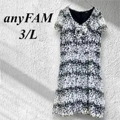 【anyFAM】水玉シフォンワンピース3/Lモノトーン抽象柄ひざ丈ワンピース