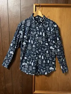 【美品】rovtskiネイビー総柄 ボタンダウン長袖シャツ日本製